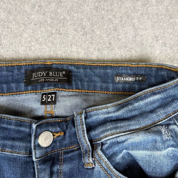 Judy Blue Womens 5/27 Straight Fit Denim Jeans Blue Distressed Faded Stretch - Picture 2 of 8